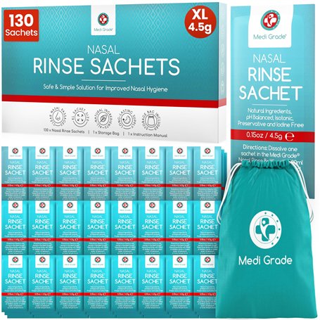 Medi Grade Sachet de Sel Nasal de Rinçage 100% Naturel - Sel Nasal - Solution Nasale - Kit de Lavage du Nez avec Pochette - Irri