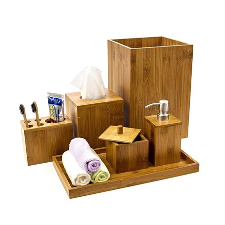Lot de 6 accessoires de toilette en bambou pour salle de bain avec distributeur de savon