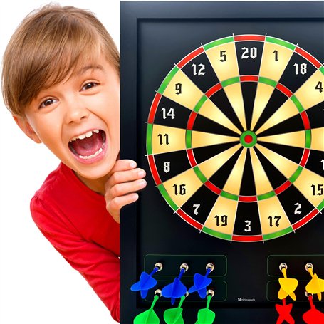 Cible de Fléchettes Magnétique Grande et Sûre (Cadre en Bois) pour Enfants et Adultes - Jeu Amusant pour 4 Joueurs - Avec 12 Flé