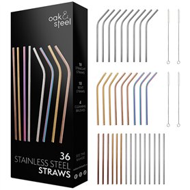 Oak & Steel - 36 Pailles en Acier Inoxydable & 4 Brosses avec Boîte-Cadeau (4 Couleurs) - Écologiques
