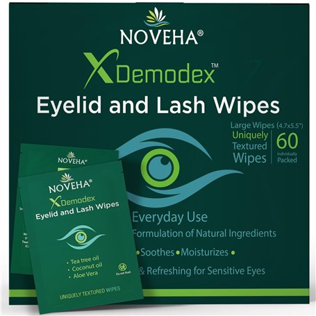 NOVEHA Demodex Lingettes pour paupières et cils | Boîte de 60 lingettes nettoyantes extra puissantes emballées individuellement