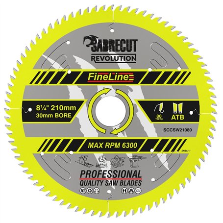 1 x SCCSW21080 SabreCut 210 mm 80T x 30 mm Alésage FineLine Thin Kerf Bois Contreplaqué MDF Aggloméré Coupe transversale et coup