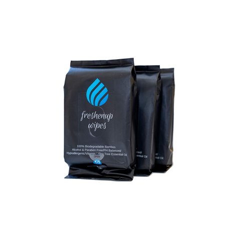 Lingettes corporelles désodorisantes Freshenup pour adultes. 100% biodégradables en bambou avec de l'huile d'arbre à thé. Parfai