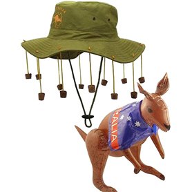 Mega_Jumble® Chapeau australien avec bouchons en liège et kangourou gonflable de 70 cm - Qualité supérieure - Vert/marron