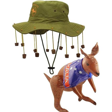 Mega_Jumble® Chapeau australien avec bouchons en liège et kangourou gonflable de 70 cm - Qualité supérieure - Vert/marron