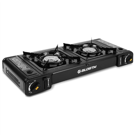 BLOSTM Réchaud de camping portable à gaz – Réchaud de camping à double brûleur avec système d'allumage automatique et contrôle d