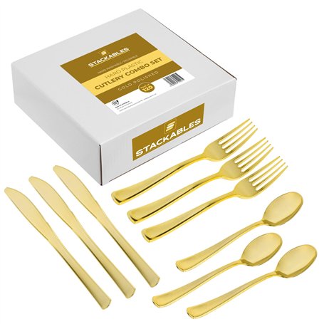 120 couverts en plastique doré réutilisables ~ couverts cuillères