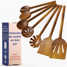 Ustensiles de Cuisine en Bois Non Toxiques – Lot de 7 Cuillères et Spatules en Acacia
