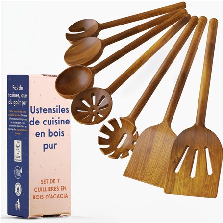Ustensiles de Cuisine en Bois Non Toxiques – Lot de 7 Cuillères et Spatules en Acacia