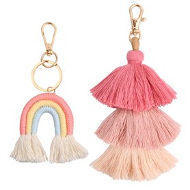 Vesaneae Lot de 2 Porte Clé Bohème arc-en-ciel avec Pompons pour Sac en Macramé