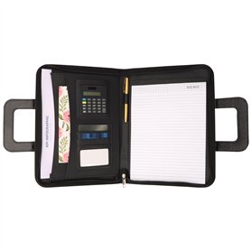 Kurtzy Porte Document d’Affaires en Cuir PU Noir - Conférencier A4 à Fermeture Éclair avec Carnet de Notes et Calculatrice - Org