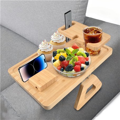 Mapille Plateau Accoudoir Canapé en Bambou Grande Capacité Plateau de Canapé à Clipser Pliable Table Bras de Canapé avec Porte t