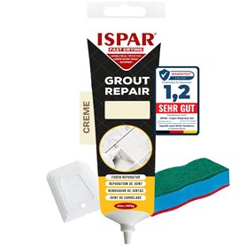 ISPAR Mortier de joints crème 400 g – Enduit prêt à l'emploi pour joints de carrelage – Avec spatule et éponge de nettoyage – Po