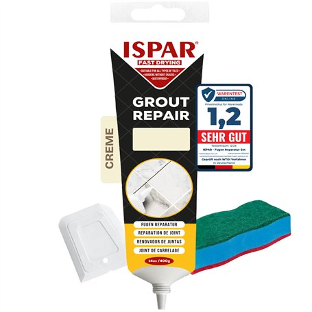ISPAR Mortier de joints crème 400 g – Enduit prêt à l'emploi pour joints de carrelage – Avec spatule et éponge de nettoyage – Po