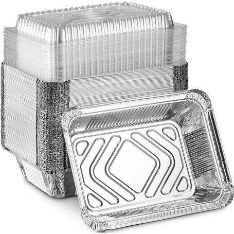 Lot de 50 plateaux alimentaires jetables en aluminium avec couvercles en plastique de 500 ml - Réutilisables - Idéal pour le bar