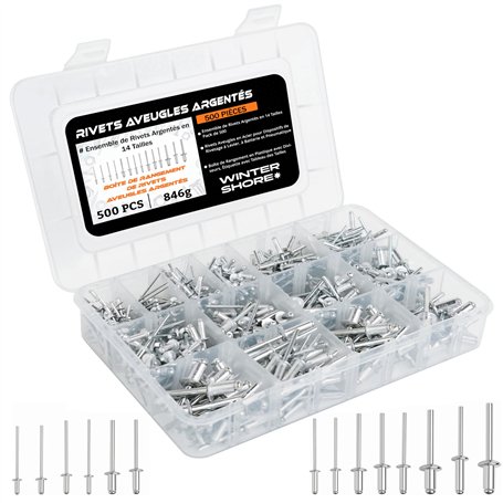 Winter Shore Rivets Aveugles Argentés 14 Tailles (Lot de 500) - Assortiment Rivets Pop pour Rivetage Manuel