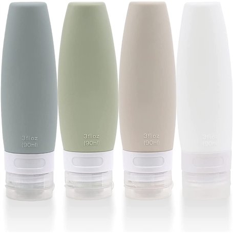 Lot de 4 flacons de voyage étanches en silicone Approuvé par la TSA sans BPA Flacon de rangement souple et réutilisable pour sha