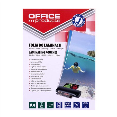 OFFICE PRODUCTS Pochette De Plastificatio Brillantes A4 / 2 x 125 micron/brillant/Pack de 100 Feuilles - 100 Pièces/Transparent/