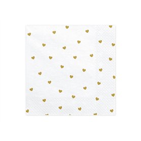 PartyDeco Serviettes blanches avec impression dorée en forme de cœurs - Serviettes de table pour anniversaire