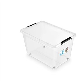 ORPLAST Lot de 6 boîtes à roulettes de 60 l avec couvercle/clips/roues – 58 x 39 x 35 cm – Transparent