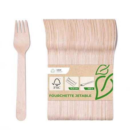 Love Nature Fourchette Jetable 100 pièces - Couverts Jetables en Bois - Fourchettes Écologiques et Biodégradables - Solides pour