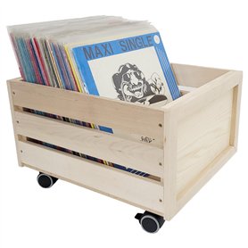 weeco Caisse en bois avec roues pour disques vinyle. Caisse en bois ajourée sur roues pivotantes pour livres