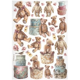 Stamperia Papier de riz A4 pour découpage - Ours en peluche - Motif vintage fantaisiste