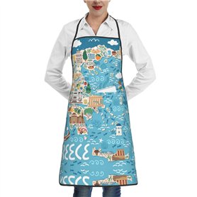 Luckily&Day Tablier de cuisine fantaisie avec poches pour femme - Motif carte de la Grèce - Blanc - Taille unique