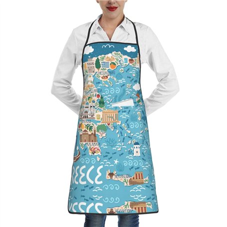 Luckily&Day Tablier de cuisine fantaisie avec poches pour femme - Motif carte de la Grèce - Blanc - Taille unique