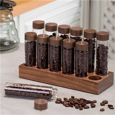 Foribyw Lot de 12 tubes de rangement pour grains de café avec support en bois