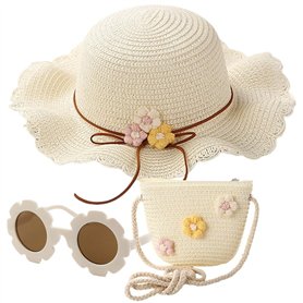 Chapeau De Soleil Et Sac en Tricot De Paille 3 Pièces