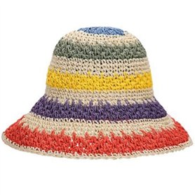 jiheousty Femmes Été À La Main Crochet Paille Chapeau De Soleil Arc-en-Ciel Rayures Colorées Patchwork Large Bord Crème Solaire