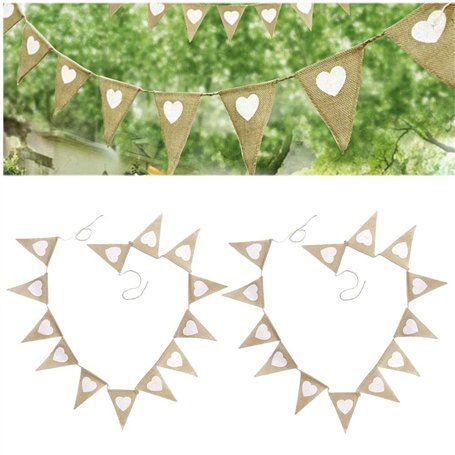 JZK 2X Cru Blanc Cœur Lin Drapeau Bruant Bannière Drapeau Jute Drapeaux Triangle Cabine de décoration pour Fête Accueil Mariage