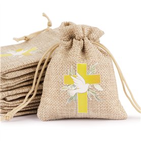 BETESSIN 24pcs Sachet Dragée Jute Pochette Communion Baptême 8x10cm Toile Chanvre Confirmation Sac Poche Bijoux Bonbon Chocolat