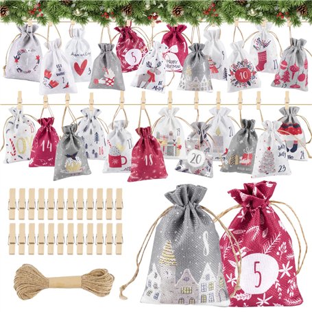 24 Sachets Calendrier de l'Avent Noël 2022 avec Pinces Clips Bois et Cordon Jute Cadeaux Sac à Suspendre Compte à Rebours Décora