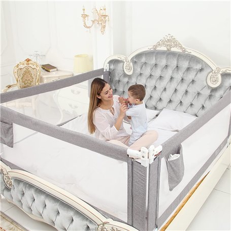 Barrière de Lit Enfants Bébés Protection Bord de Lit pour Sécurité des Enfants Bébés Portable Bedrail Safetyguard (Gris