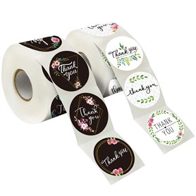 600 Autocollants Merci Style Noir & Blanc Frais Étiquettes rondes en 16 dessins avec ligne de perforation pour un usage personne