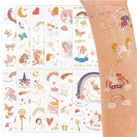 GEBETTER 12Feuilles Tatouage Temporaire Licorne Autocollant Tatouage Ephémère Etanche Décoration Fête Cadeau Anniversaire pour E