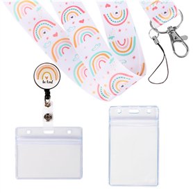 1Pc Cordon Arc-en-Ciel 2Pcs Porte Badge Transparent Porte Carte Thème Bohème Tour de Cou Rétractable pour Carte d’Identité Étudi
