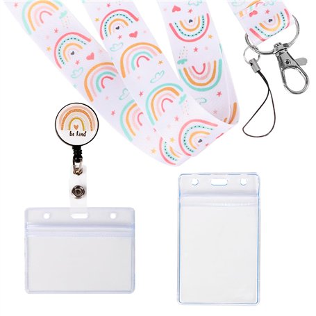 1Pc Cordon Arc-en-Ciel 2Pcs Porte Badge Transparent Porte Carte Thème Bohème Tour de Cou Rétractable pour Carte d’Identité Étudi