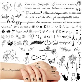 6Feuilles Tatouage Temporaire Français Faux Tatouage Ephémère Etanche Couleur Noire Décoration Fête Cadeau pour Femme Fille