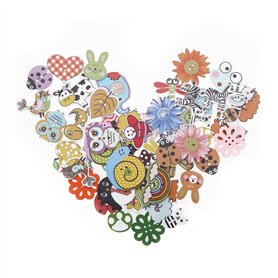 Create idea 100pcs Boutons en Bois Dessin Animé Motif Aléatoire Mignon Animal Fleur Décoratif Imprimé Boutons Ornements pour Bri