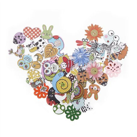 Create idea 100pcs Boutons en Bois Dessin Animé Motif Aléatoire Mignon Animal Fleur Décoratif Imprimé Boutons Ornements pour Bri