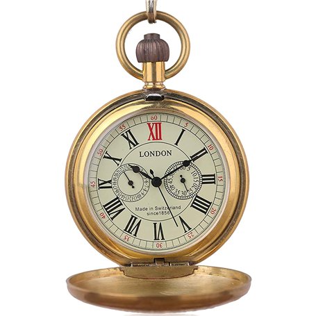 Tiong Montre de poche et gousset mécanique en cuivre antique pour homme avec chaîne et boîte cadeau de Noël
