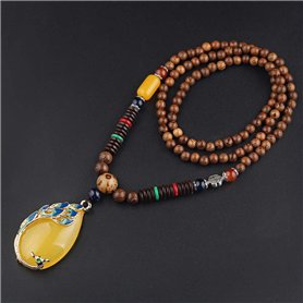 THTHT Vintage en Perles Long Collier Chaîne Chandail Sculpture sur Bois Naturel Ethnique Résine Jaune Peacock Bohemian Unisexe A