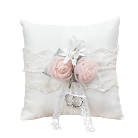 WERTSWF Coussin de porteur d'alliances en satin blanc avec fleur en dentelle décorée pour demande en mariage cérémonie 20 x 20 c
