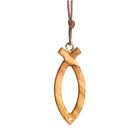 Collier Croix Jésus Poisson Ichthus en Bois d'olivier Fait à la Main à Nazareth