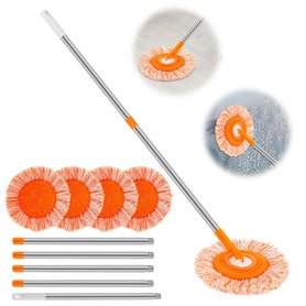 Balai de nettoyage mural rond rotatif à 360° réglable avec 5 têtes de serpillère de rechange en microfibre pour murs secs et hum