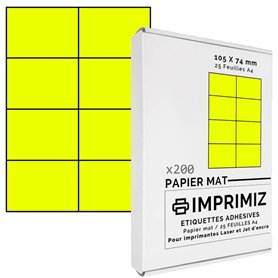 200 étiquettes autocollantes Jaune fluo de 105 X 74 mm - 8 étiquettes/feuille - 25 planches papier A4 adhésif couleur - pour imp