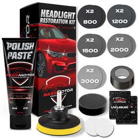 BassMotor Kit Complet pour polir les phares ternes et usés pour la restauration de voiture - Ensemble pour nettoyer et poncer po